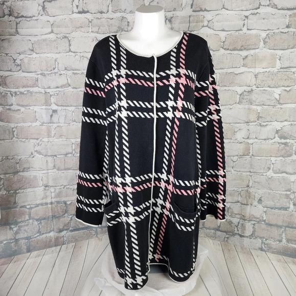 Talbots  Herringbone Plaid Scoop Neck Snap Front Black Cream Pink Size 3X - Picture 3 of 12